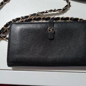 Crossbody Chanel Large Black Caviar Leather Long Wallet with a chain strap